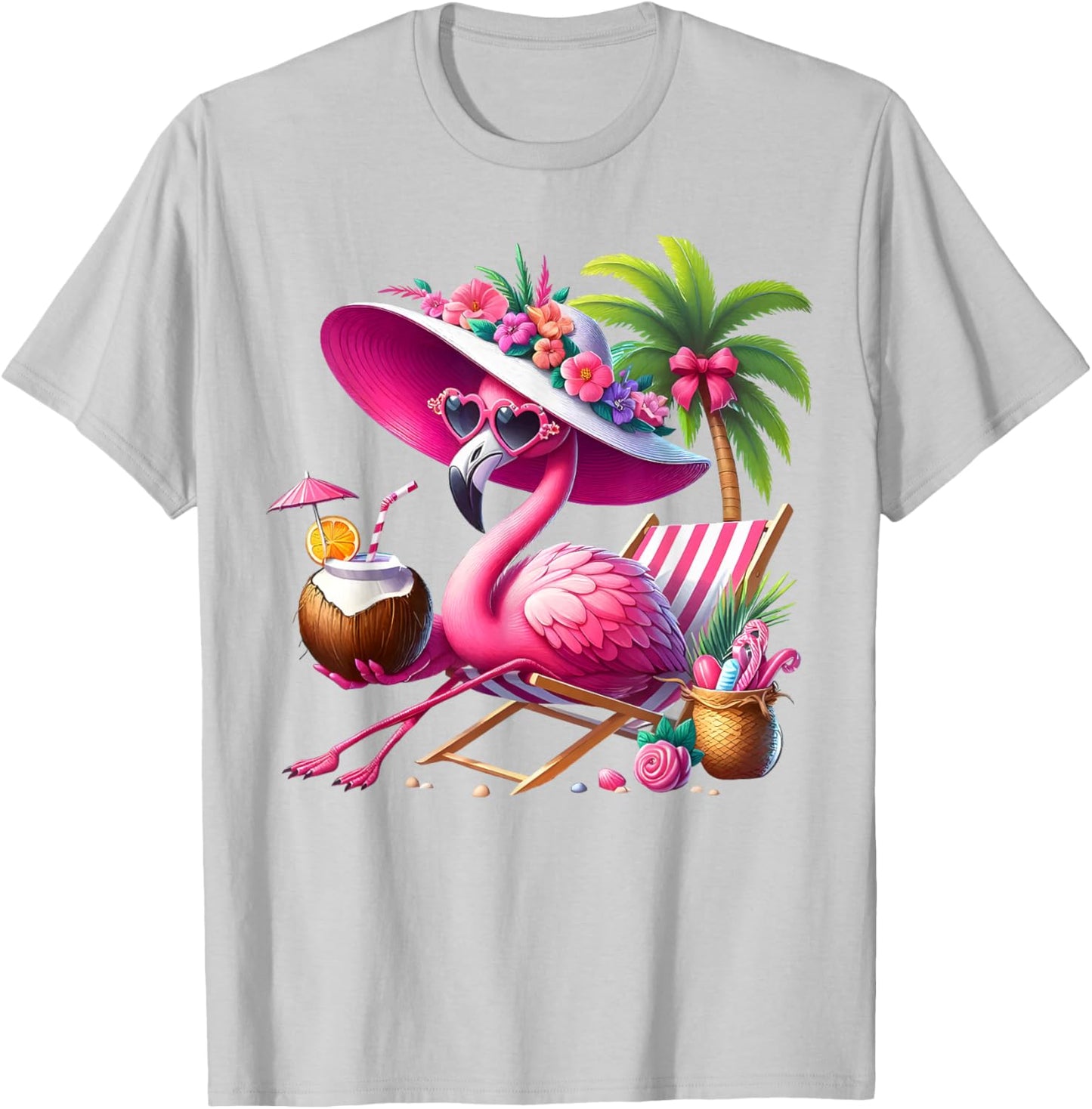 Flamingo Pink Palm Tree Tropical Beach Summer Vacation Women T-Shirt - T-Shirt | Ash