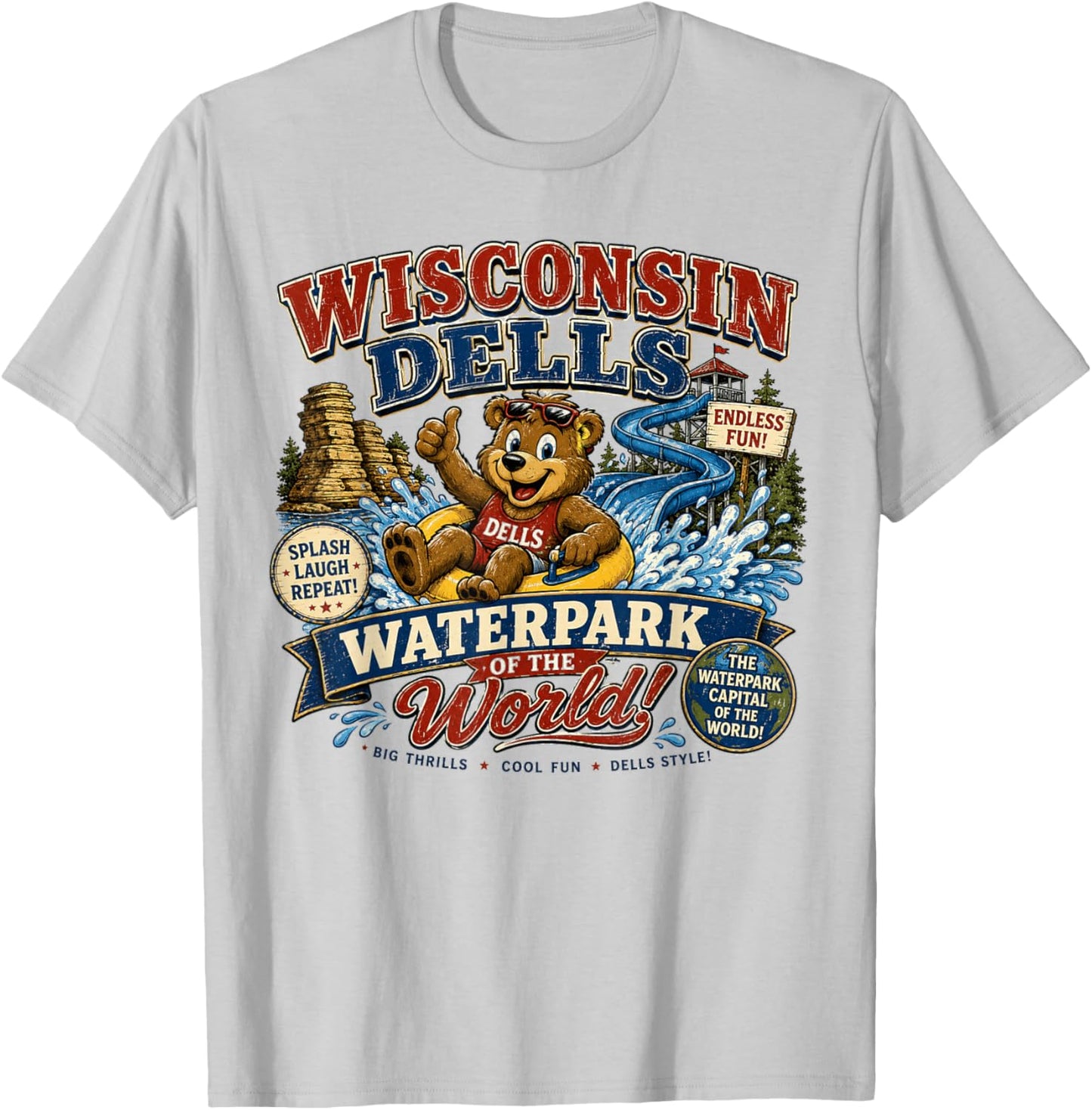 Wisconsin Dells Waterpark Capital - Vintage Bear Waterslide T-Shirt - T-Shirt | Ash