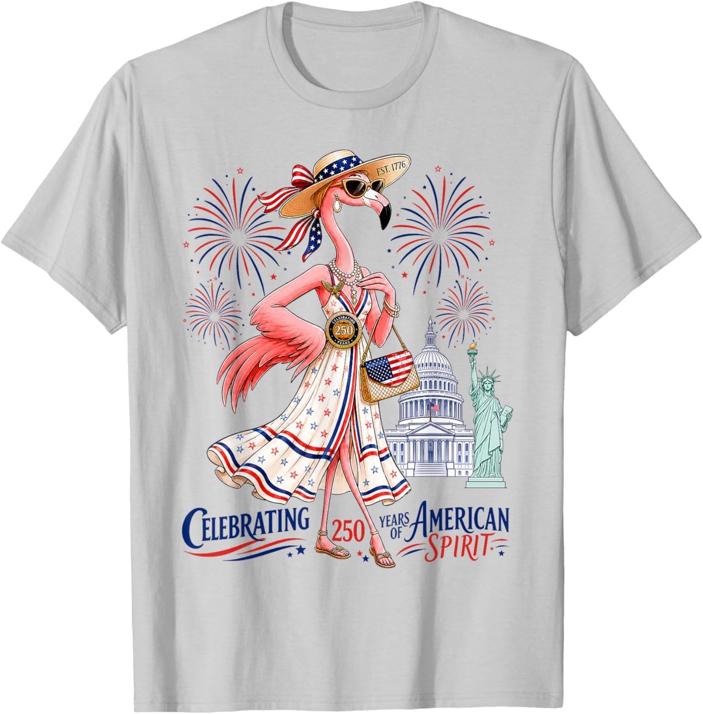Patriotic Flamingo Celebrating 250 Years of American Spirit T-Shirt - T-Shirt | Ash