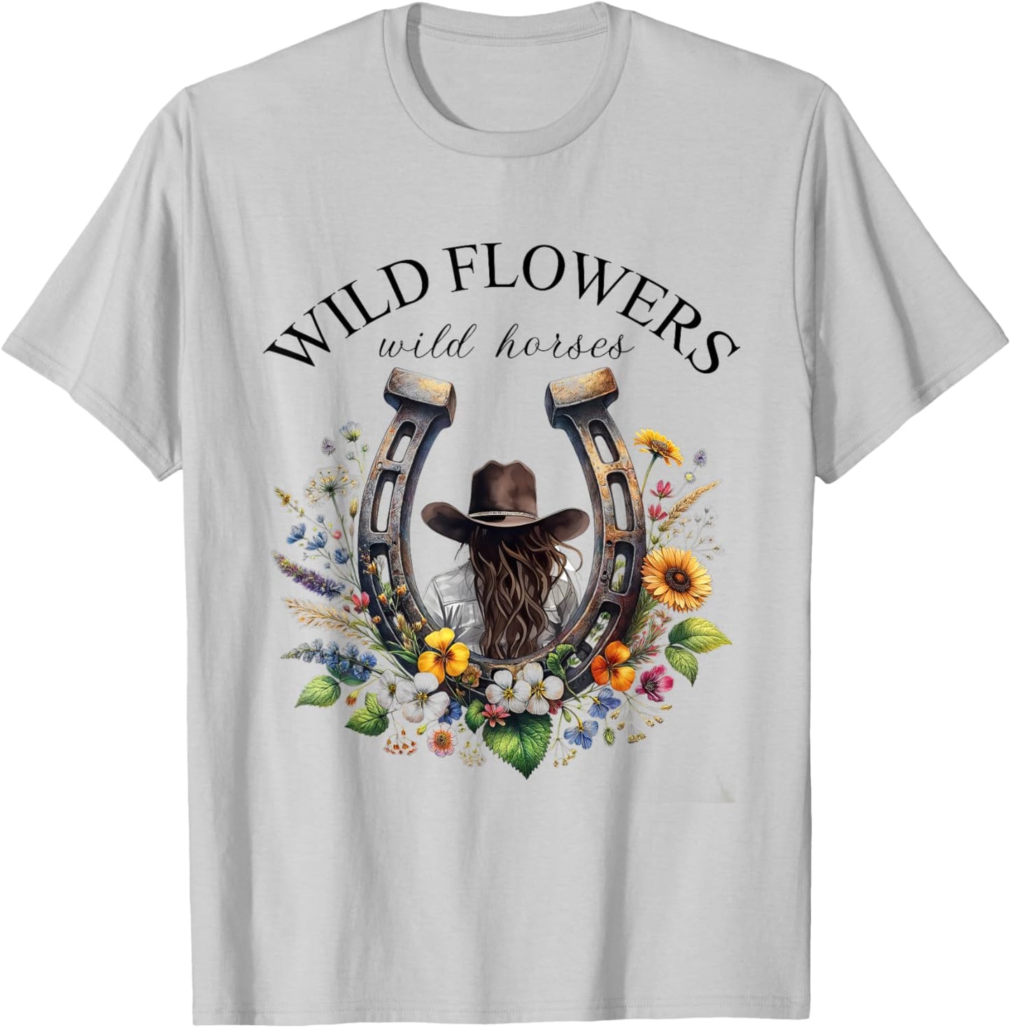Retro Southern Sunset Cowgirl Wild Flowers - Wild Horses T-Shirt - T-Shirt | Ash
