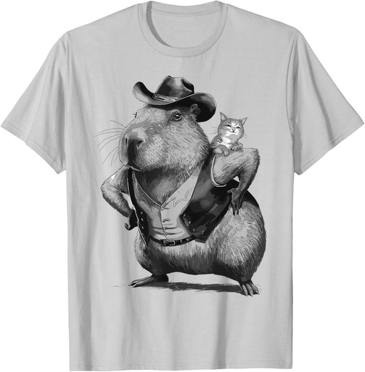 Retro Vintage Cat Riding Capybara Meme Rodent Cowboy Style T-Shirt - T-Shirt | Ash