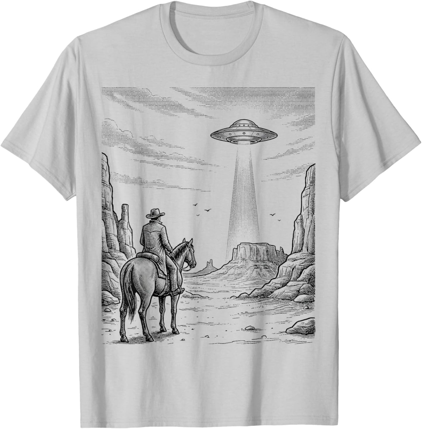 Vintage Cowboy UFO Encounter Retro Western Desert Country T-Shirt - T-Shirt | Ash