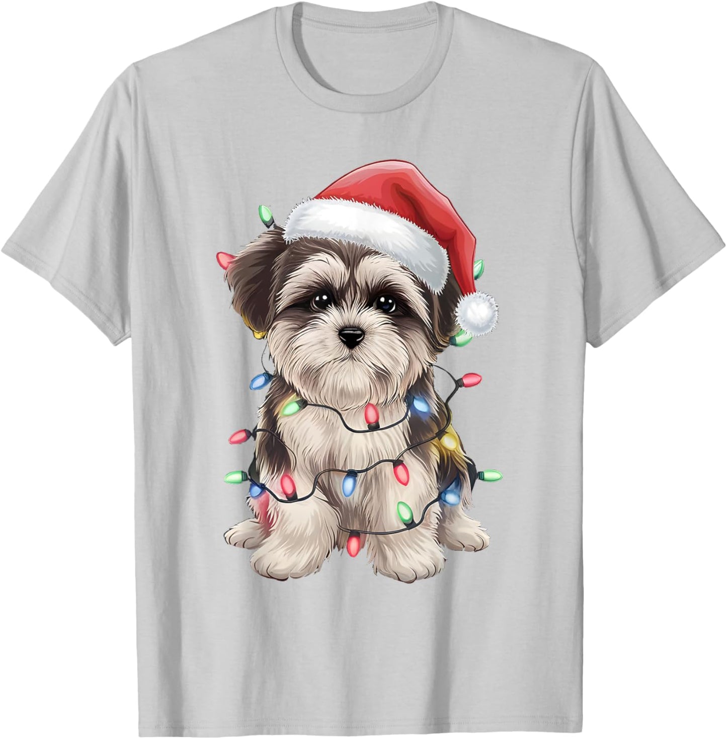 Morkie Santa Christmas Lights Xmas Dog Lover Xmas Pajama T-Shirt - T-Shirt | Ash