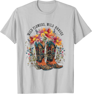 Wild Flowers - Wild Horses Cowgirl Boot Western Flower T-Shirt - T-Shirt | Ash