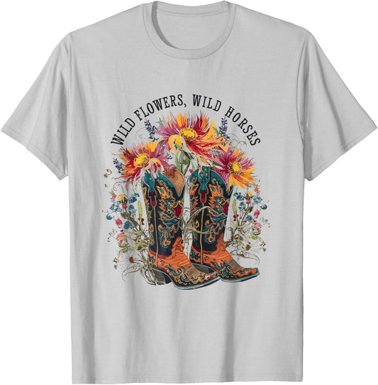 Wild Flowers - Wild Horses Cowgirl Boot Western Flower T-Shirt - T-Shirt | Ash