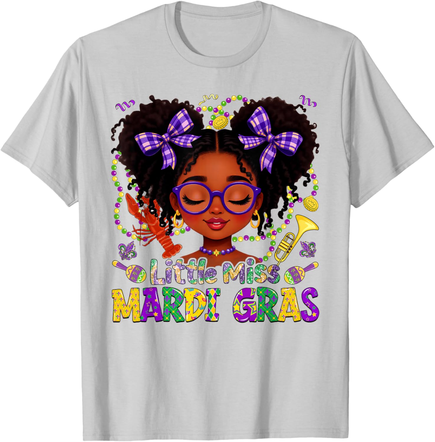 Little Miss Mardi Gras Afro Messy Bun New Orleans Girls Kids T-Shirt - T-Shirt | Ash