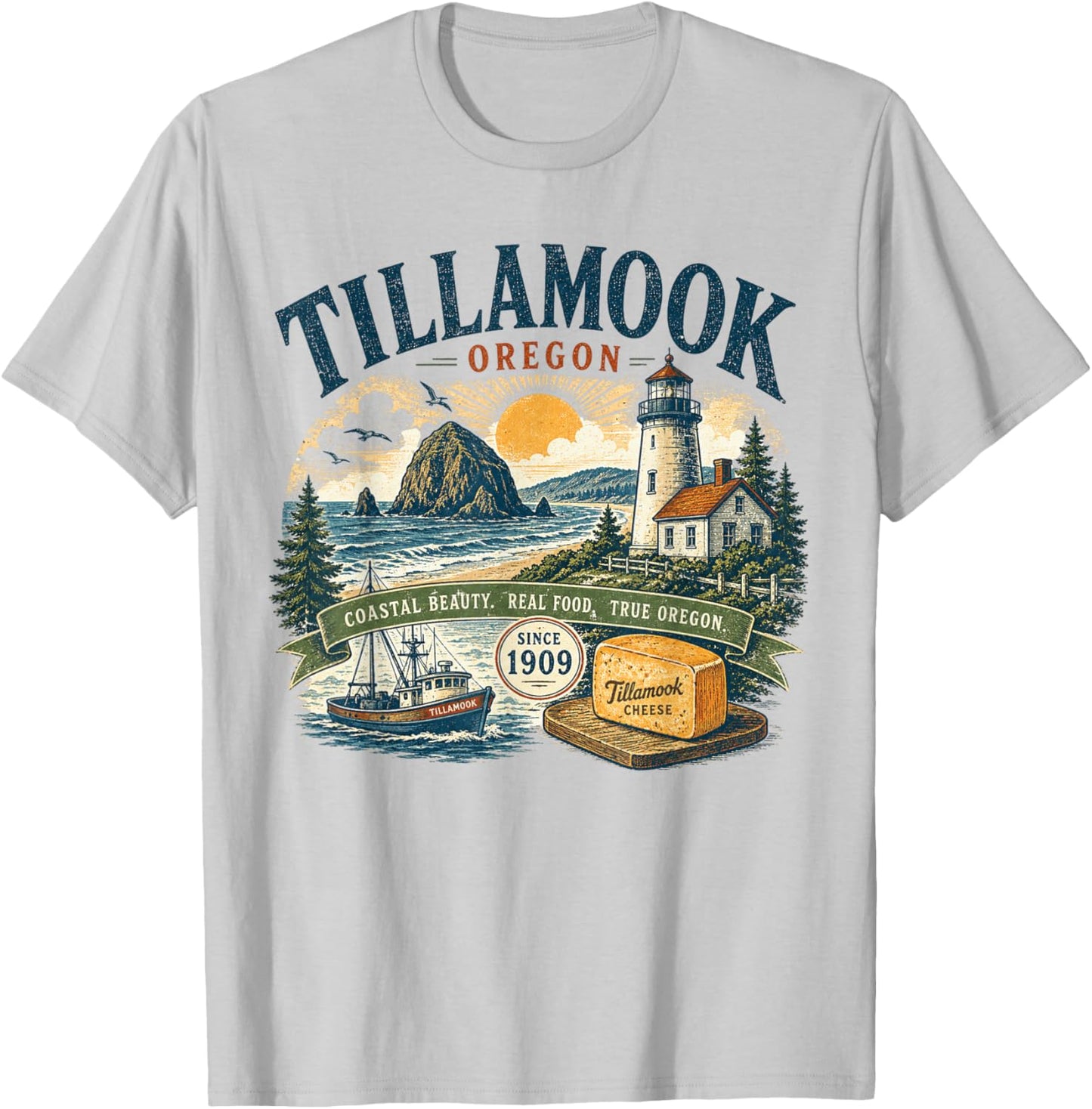 Tillamook Oregon Coastal Beauty - Vintage Retro Illustration T-Shirt - T-Shirt | Ash