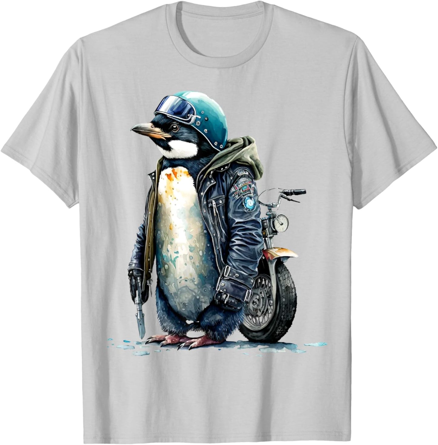 Motor Biker Penguin Helmet Wearing Jacket Funny Motorcycle T-Shirt - T-Shirt | Ash
