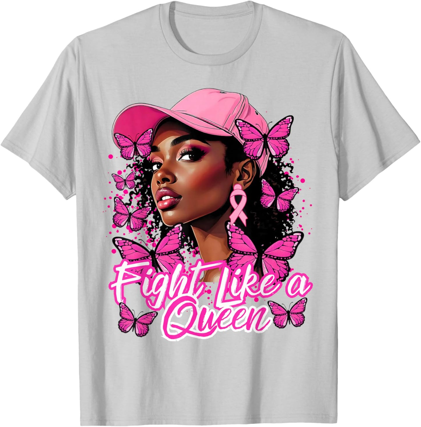 Black Afro Women Butterflies Breast Cancer Awareness Support T-Shirt - T-Shirt | Ash