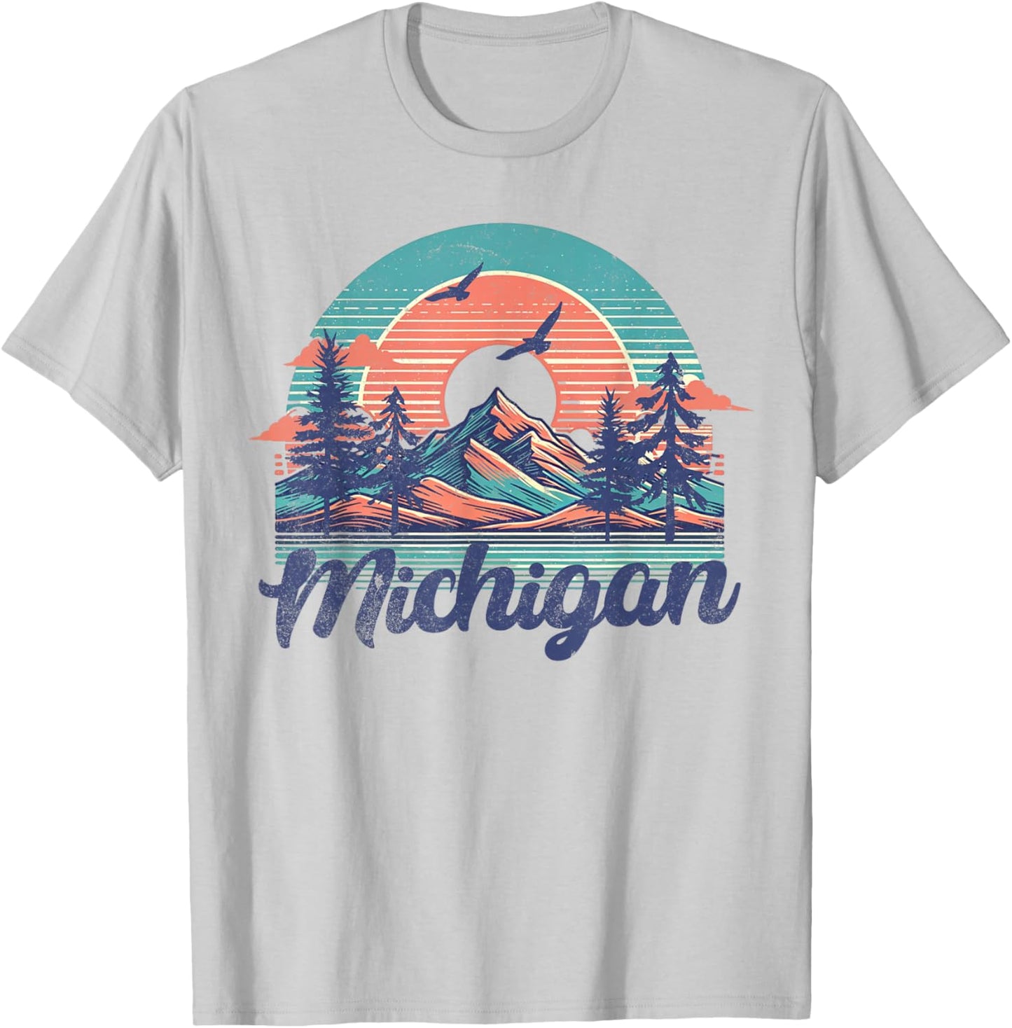 Michigan USA Outdoor Vintage Michigan Blue -Adults, Kids Short Sleeve Classic Fit Cotton, Polyester Small T-Shirt - T-Shirt | Ash
