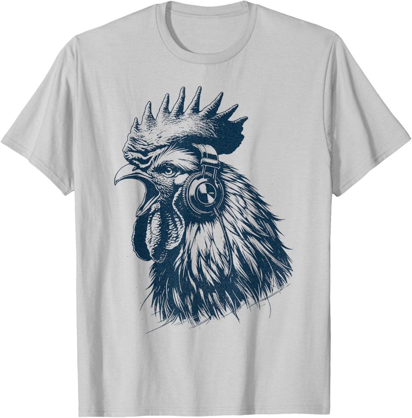Crowing Rooster Chicken With Headphones - Music Punk Animal T-Shirt - T-Shirt | Ash