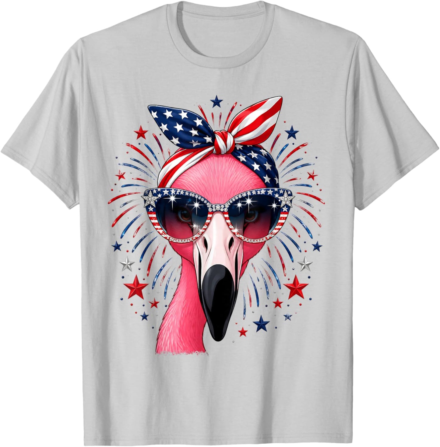 Patriotic Flamingo 4th of July USA American Flag Animal T-Shirt - T-Shirt | Ash