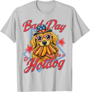 Bad Day to Be A Hot Dog - 4th of July Dog Golden Retriever T-Shirt - T-Shirt | Ash