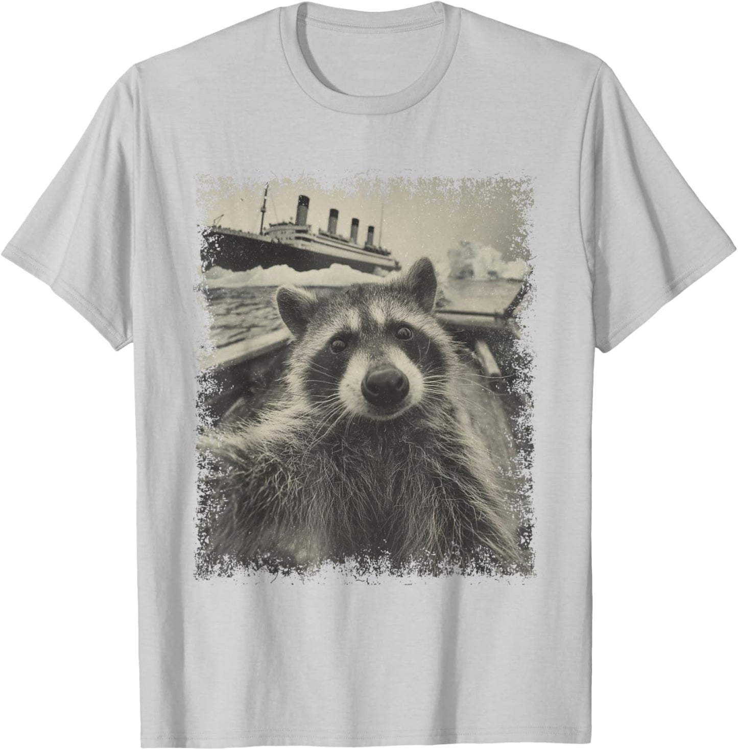 Raccoon Selfie Titanic Iceberg Vintage Ship Humor T-Shirt - T-Shirt | Ash