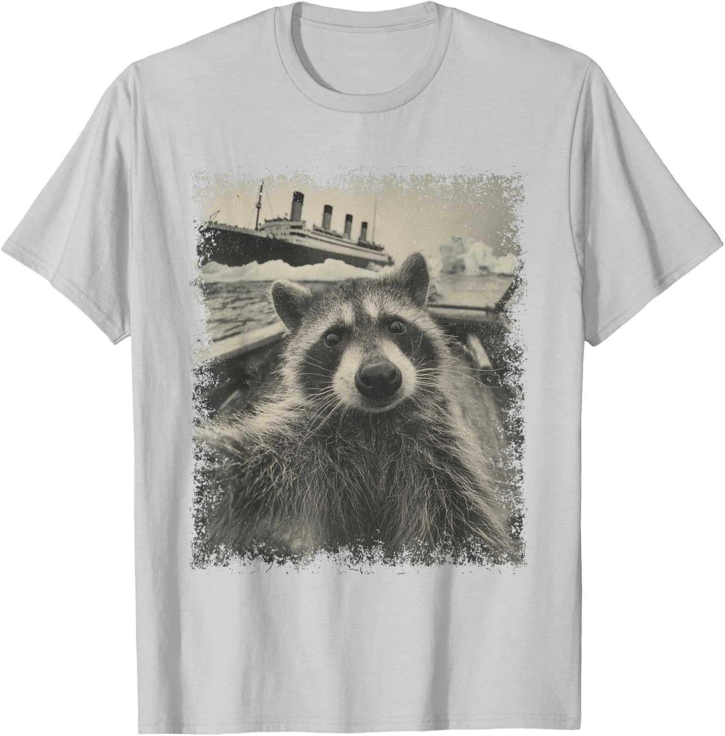 Raccoon Selfie Titanic Iceberg Vintage Ship Humor T-Shirt - T-Shirt | Ash