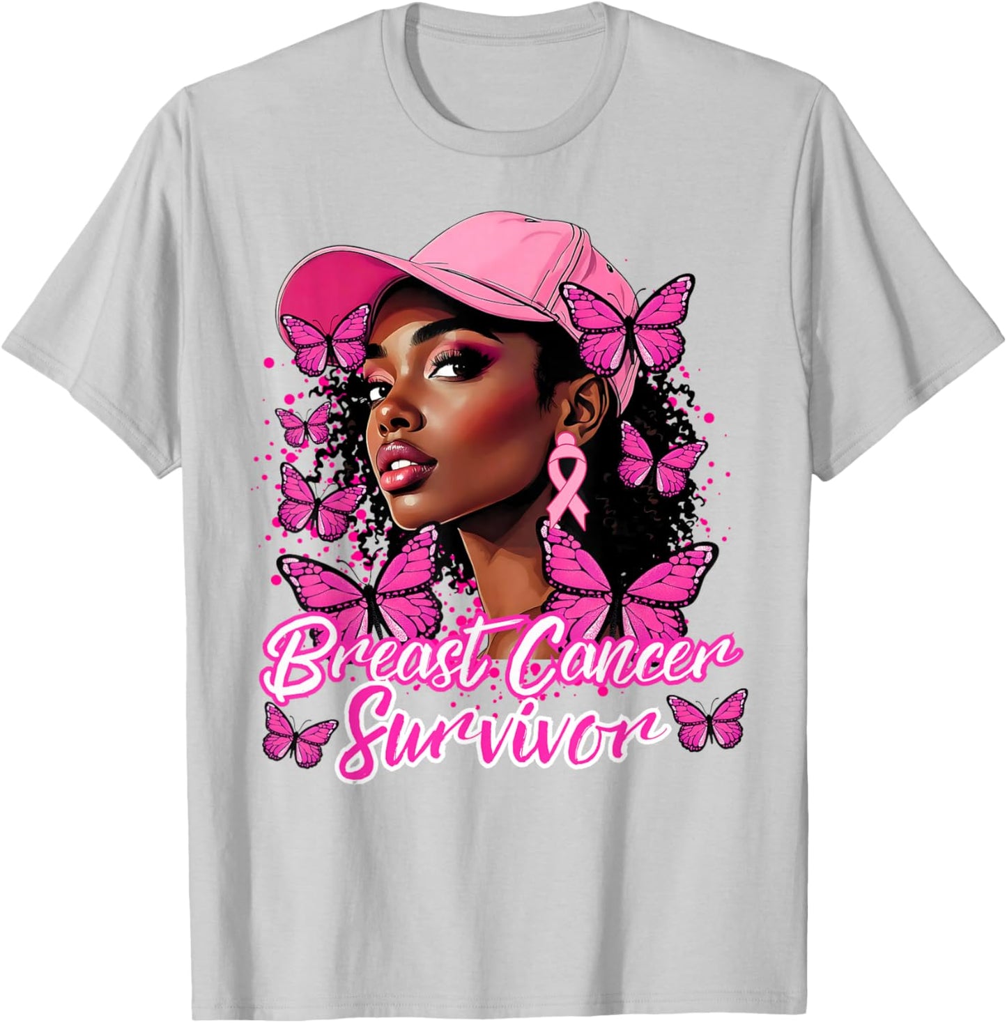 Black Afro Women Butterfly Breast Cancer Awareness Survivor T-Shirt - T-Shirt | Ash