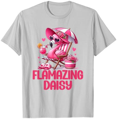 Flamazing Daisy Pink Flamingo Tropical Beach Scene Women's T-Shirt - T-Shirt | Ash