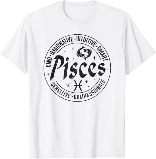 Pisces Virtues Vintage Style Zodiac Design, Pisces T-Shirt - T-Shirt | White