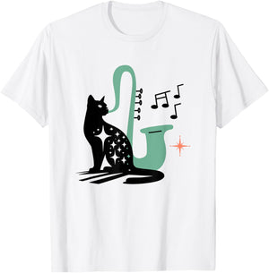 Retro Musical Cat Saxophone Midcentury Modern Mid Century T-Shirt - T-Shirt | White