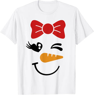 Pink Bow Snowman For Girls Cute Snowgirl Face Christmas T-Shirt - T-Shirt | White