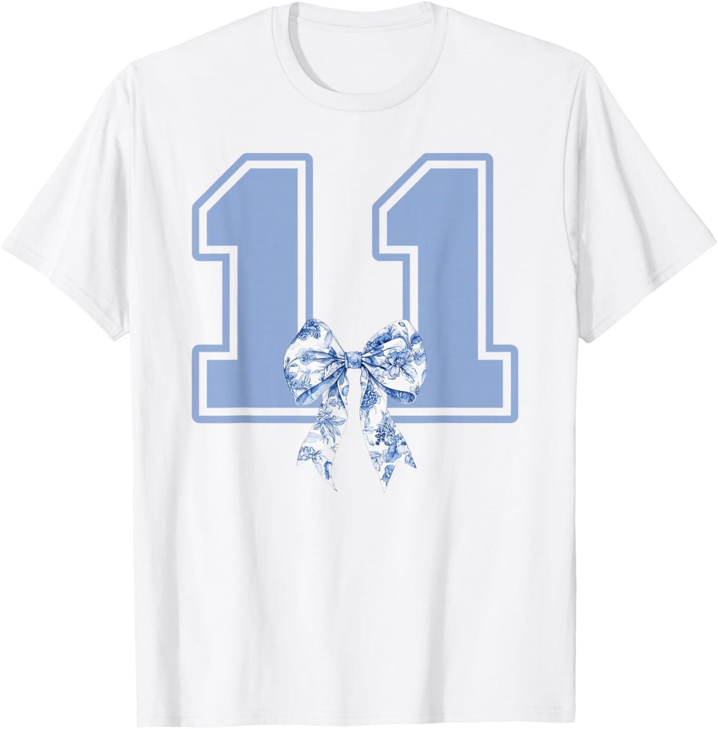 11th Birthday Girl Coquette Toile Blue Bow 11 Year Old Girl T-Shirt - T-Shirt | White
