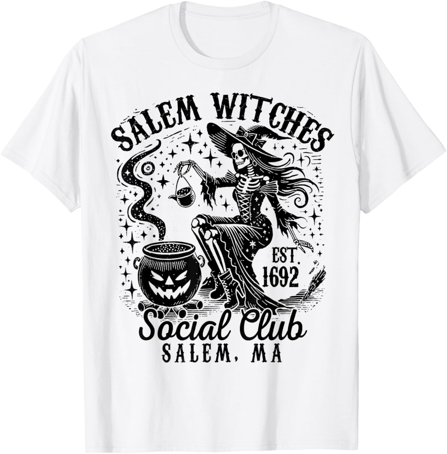 Salem Witches Social Club, Spooky Witch Skeleton Halloween T-Shirt - T-Shirt | White