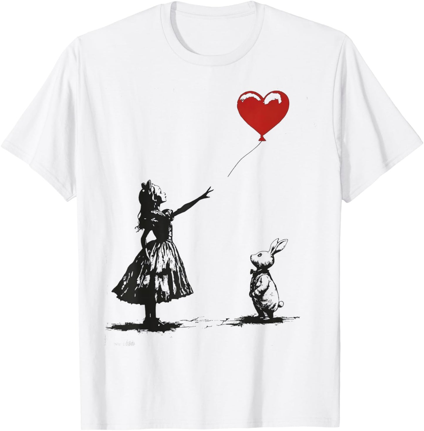 Alice in Wonderland with Balloon Rabbit Whimsical Fantasy T-Shirt - T-Shirt | White