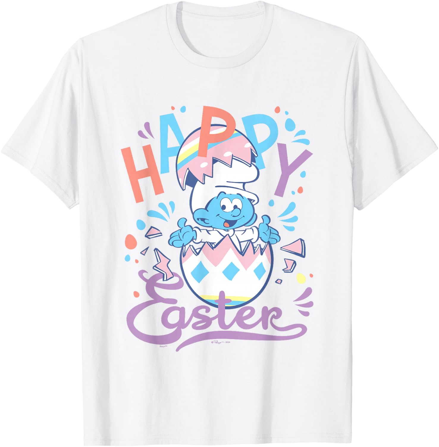 The Smurfs Happy Easter Cute Smurf Egg Pastel Colours Logo T-Shirt - T-Shirt | White