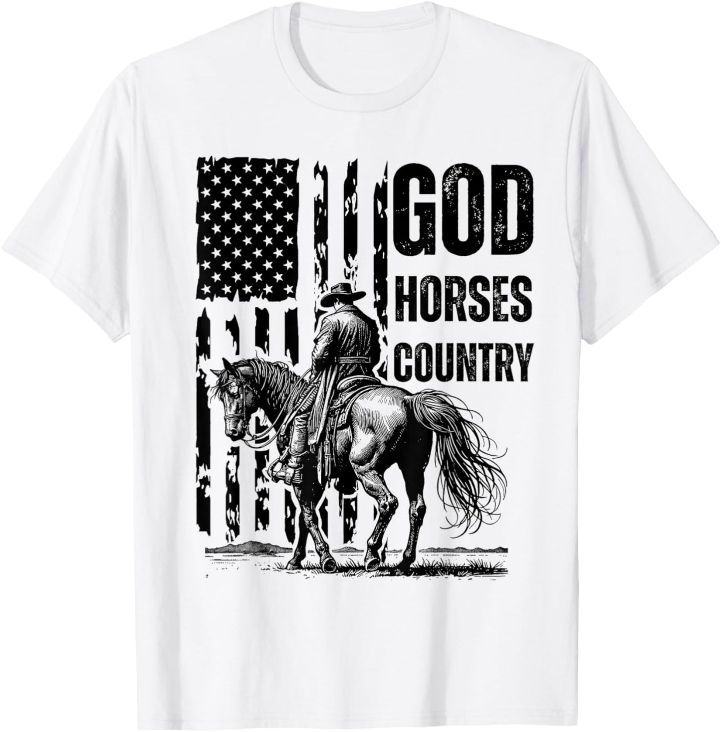 God Horses Country Christian Cowboy & American Patriot - -Adults, Grey, Small, Short Sleeve T-Shirt - T-Shirt | White