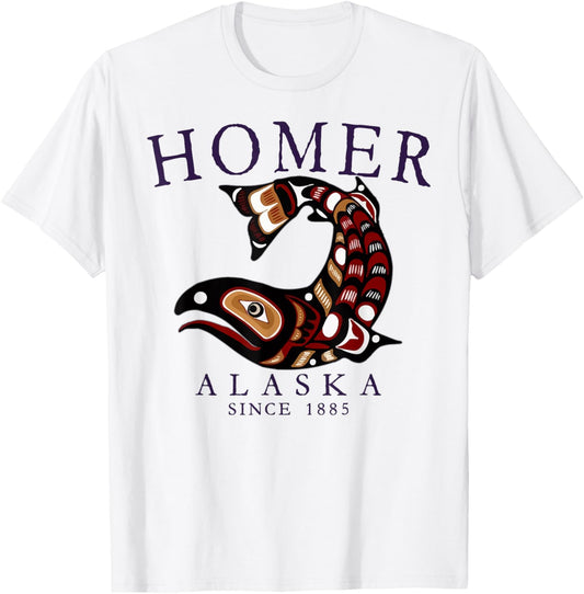 Homer Alaska Tribal Art Salmon Since 1885 Plum Letters T-Shirt - T-Shirt | White