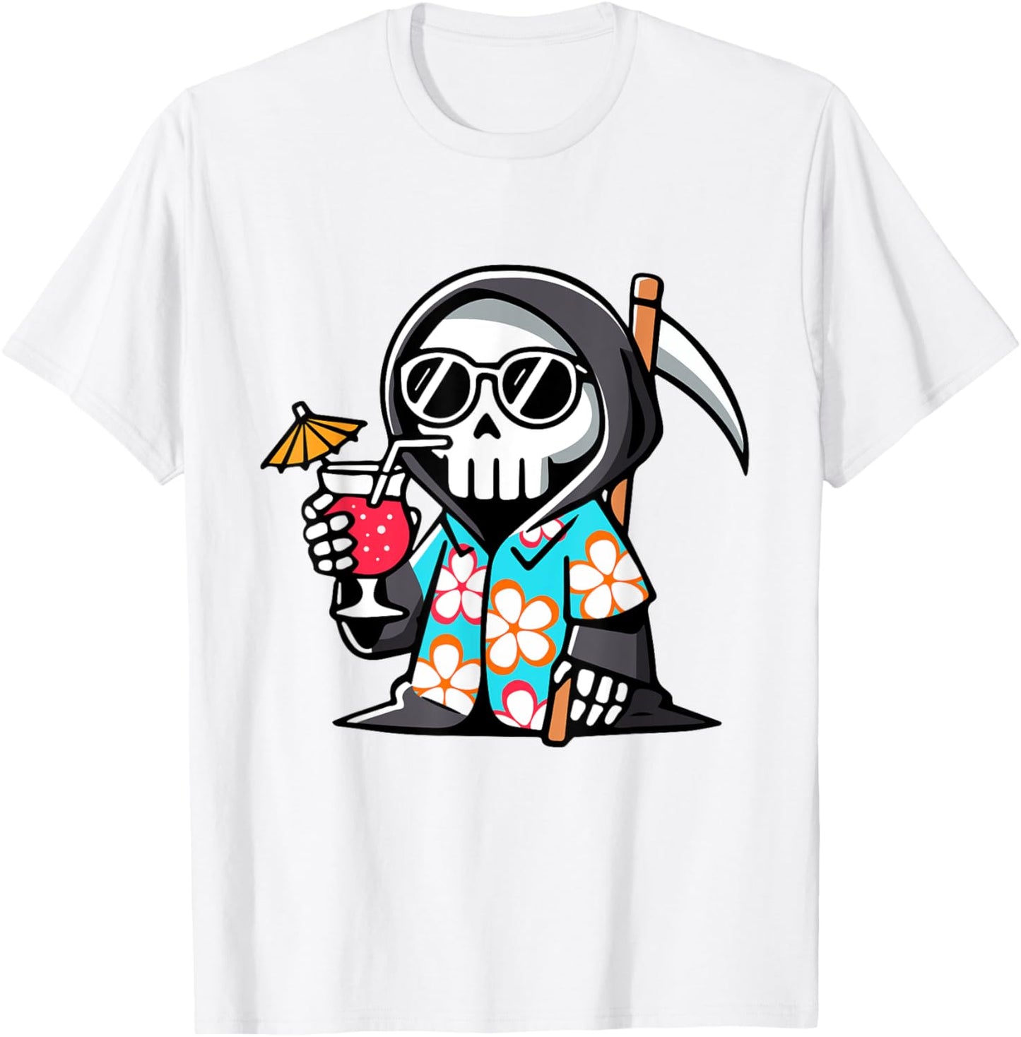 Funny Grim Reaper Hawaiian Summerween Summer Halloween T-Shirt - T-Shirt | White