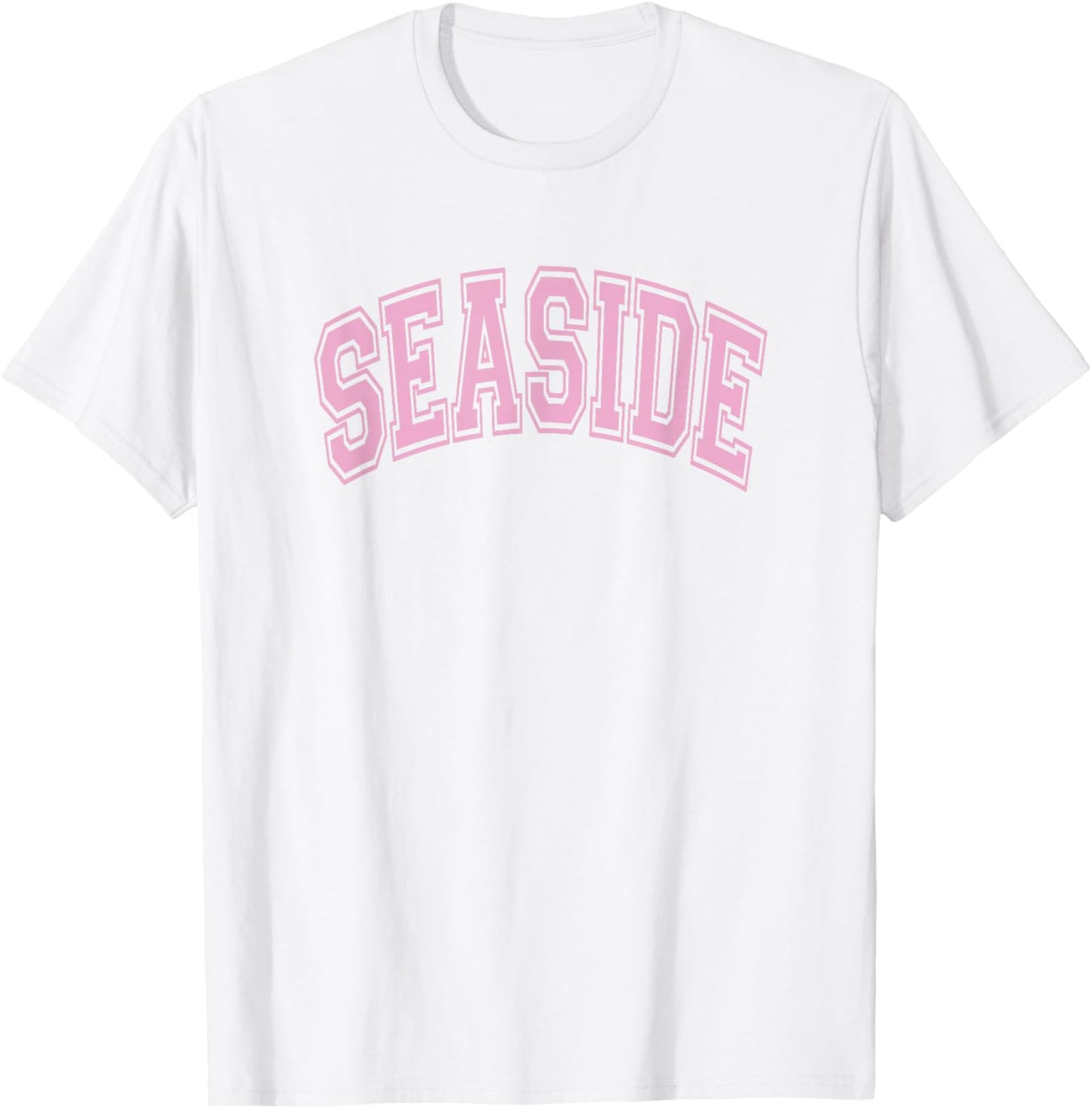 Seaside Arched Style Text White with Pink Print T-Shirt - T-Shirt | White