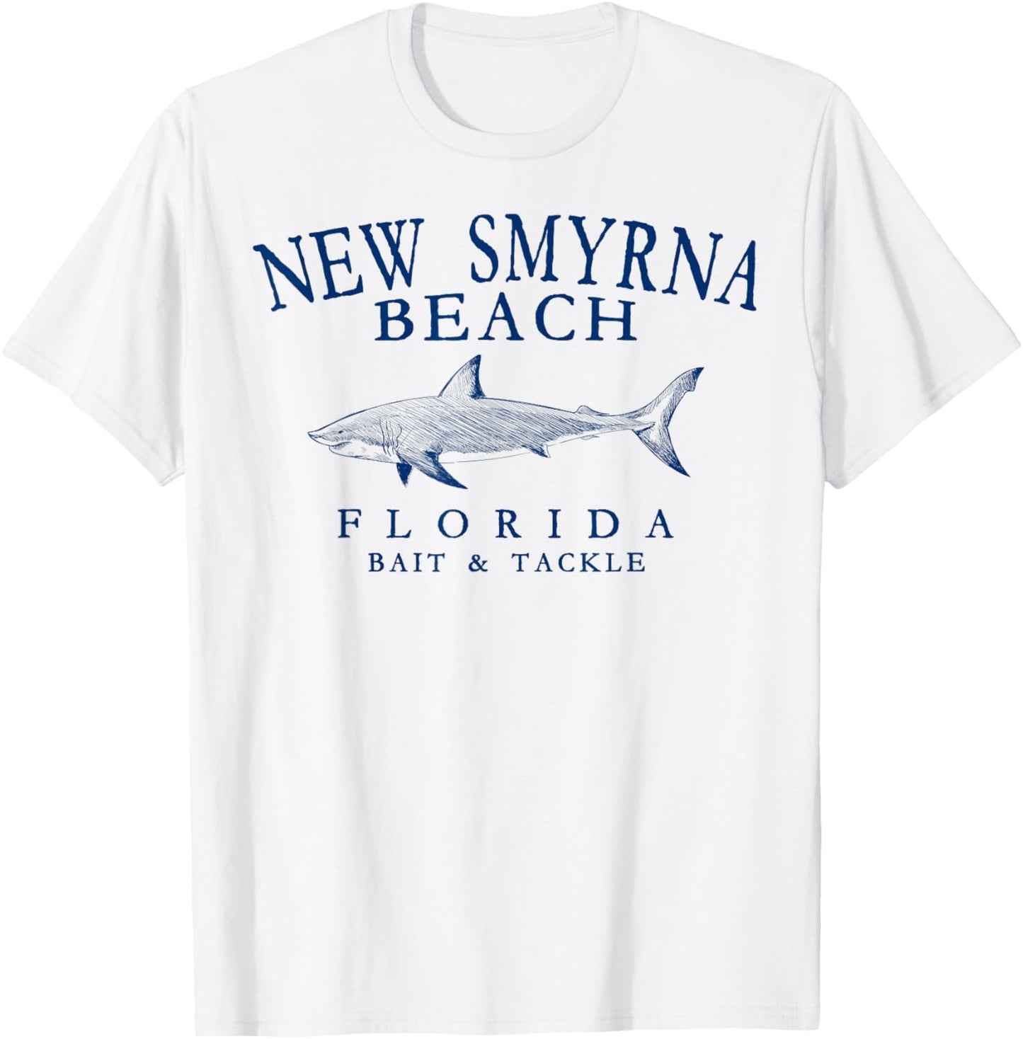 New Smyrna Beach Florida Shark Arched Navy Blue Letters T-Shirt - T-Shirt | White