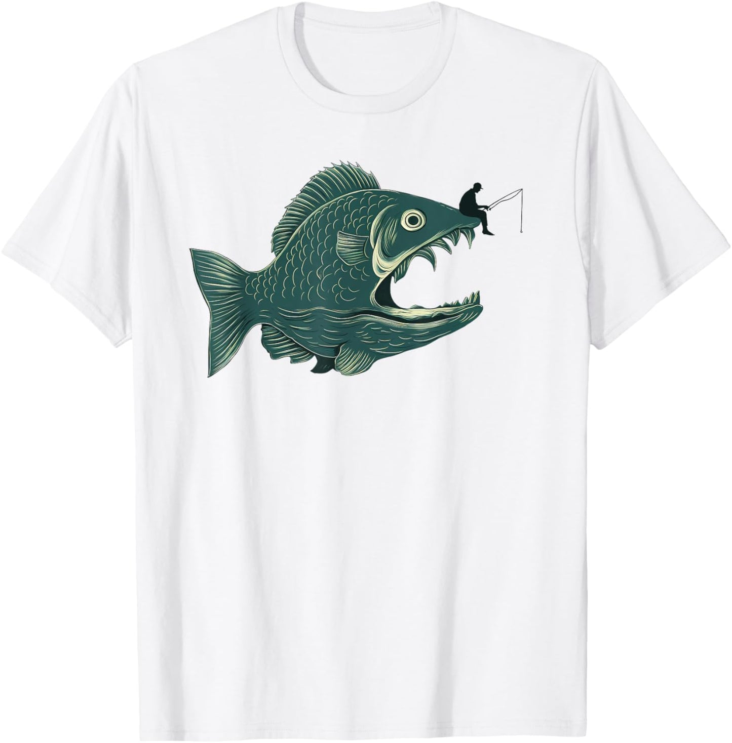 Funny Fishing Big Funny Fish with Fisherman Fishing T-Shirt - T-Shirt | White