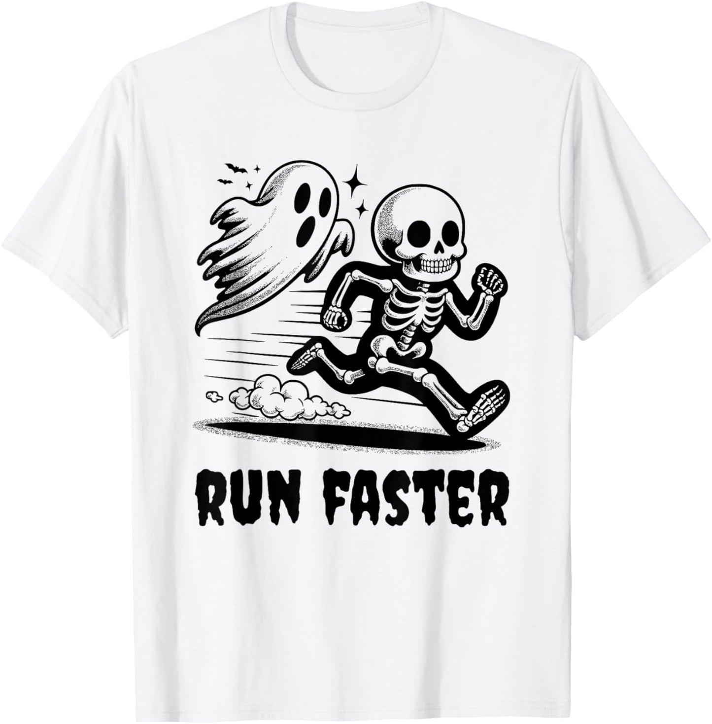 Skeleton and Ghost Running Funny Runner and Halloween T-Shirt - T-Shirt | White