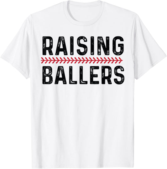Raising Ballers Funny Mom Baseball T-Shirt - T-Shirt | White