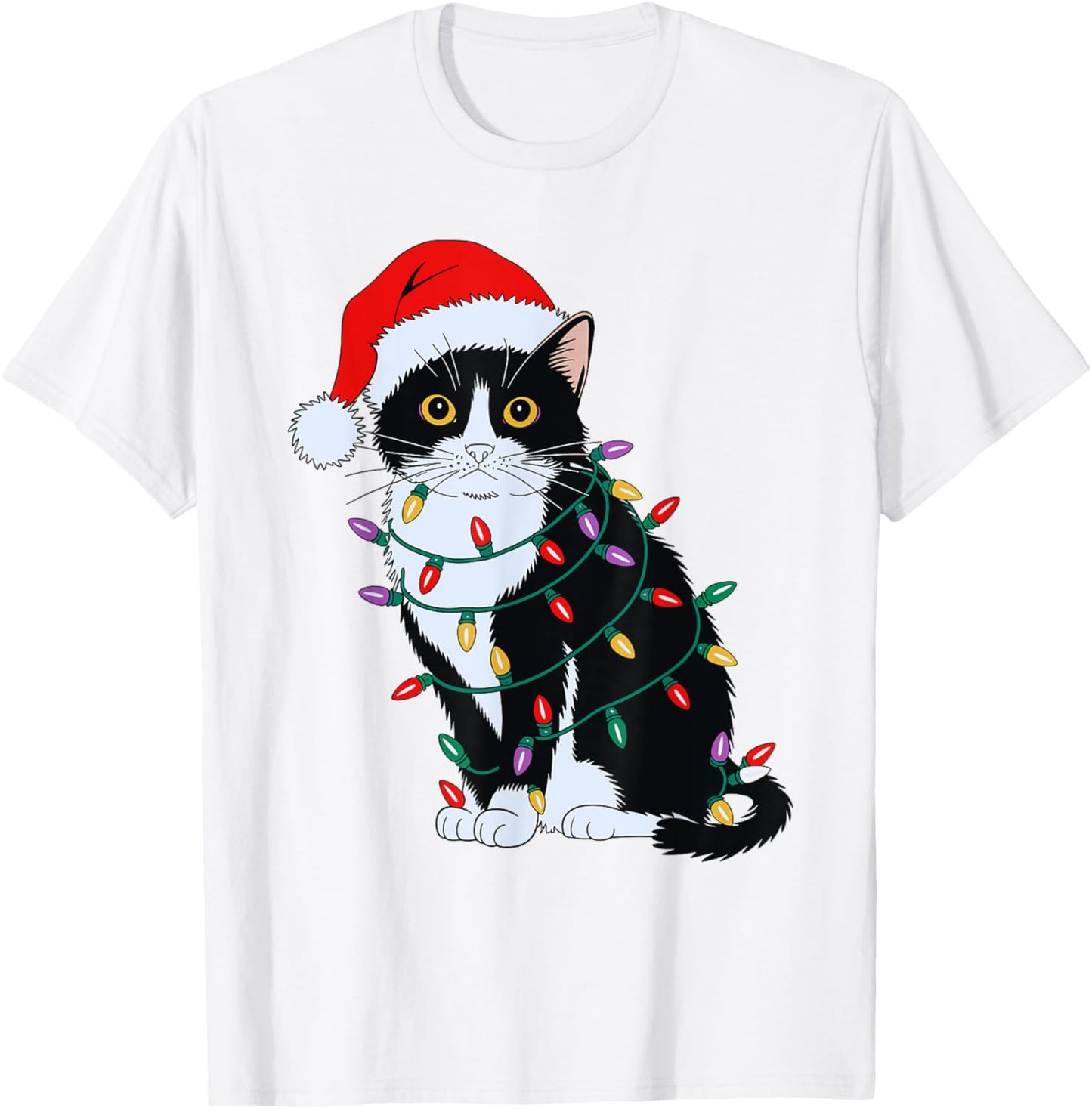 Tuxedo Cat Wearing Santa Hat Christmas Tree Lights Cat Lover T-Shirt - T-Shirt | White