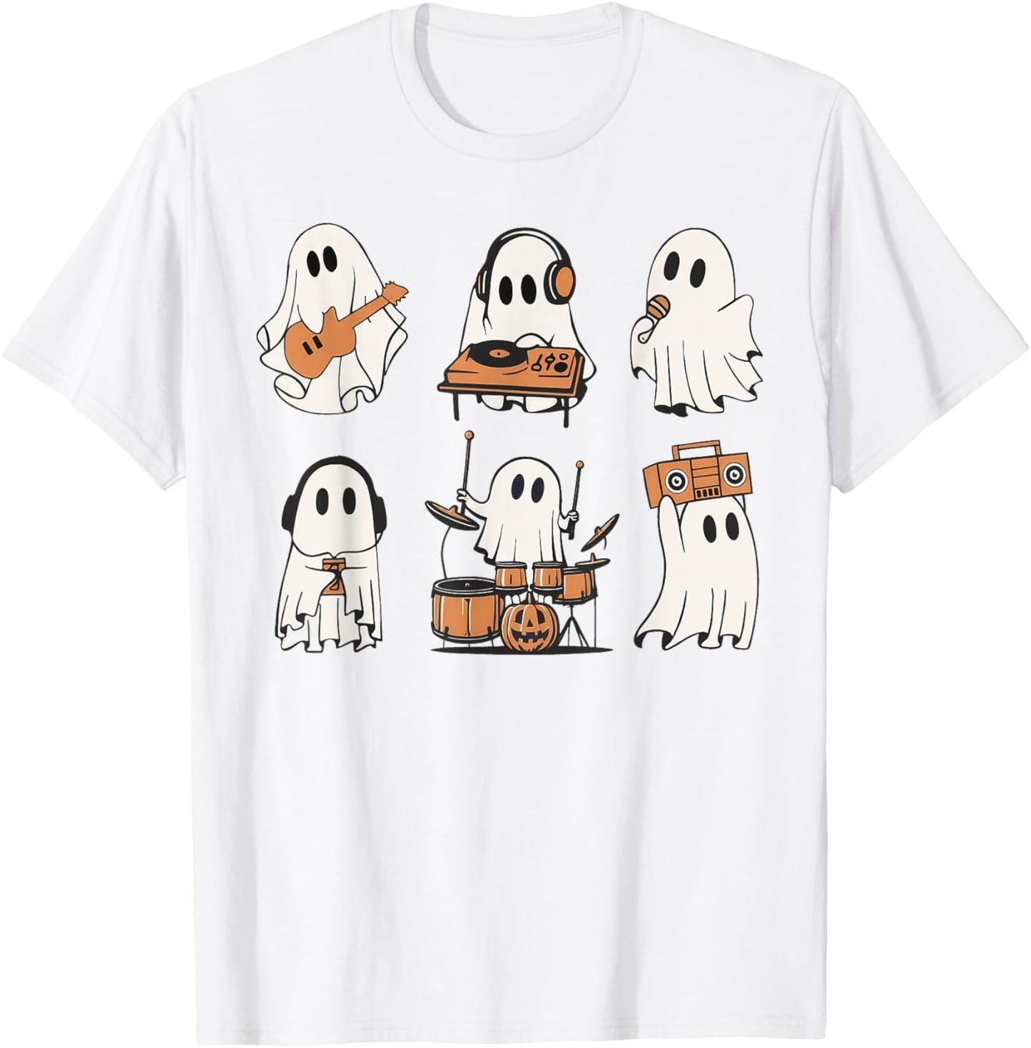 Ghost Love Music Ghost Playing Guitar Drum Halloween Costume T-Shirt - T-Shirt | White