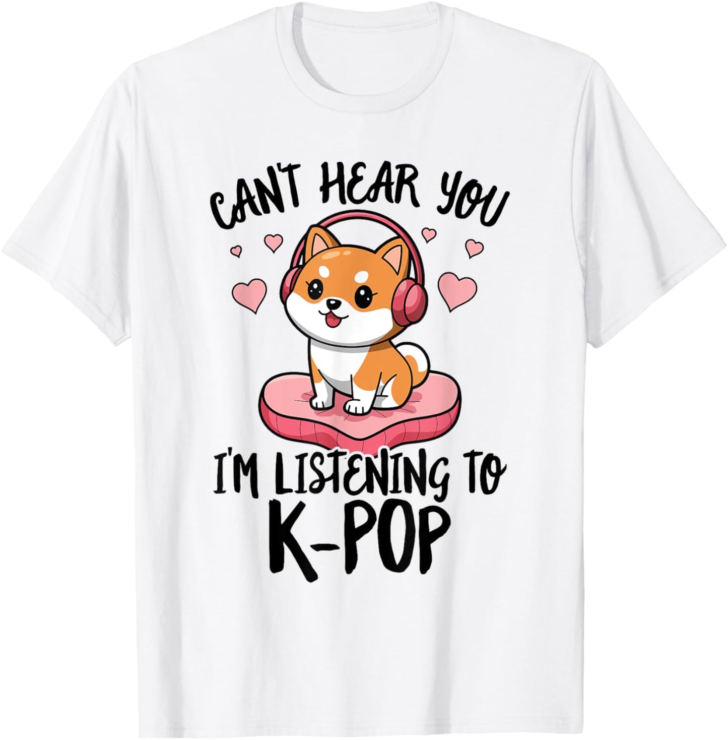 Cute Shiba Inu Dog Headphones K-Pop Music Lover Heart Kawaii T-Shirt - T-Shirt | White