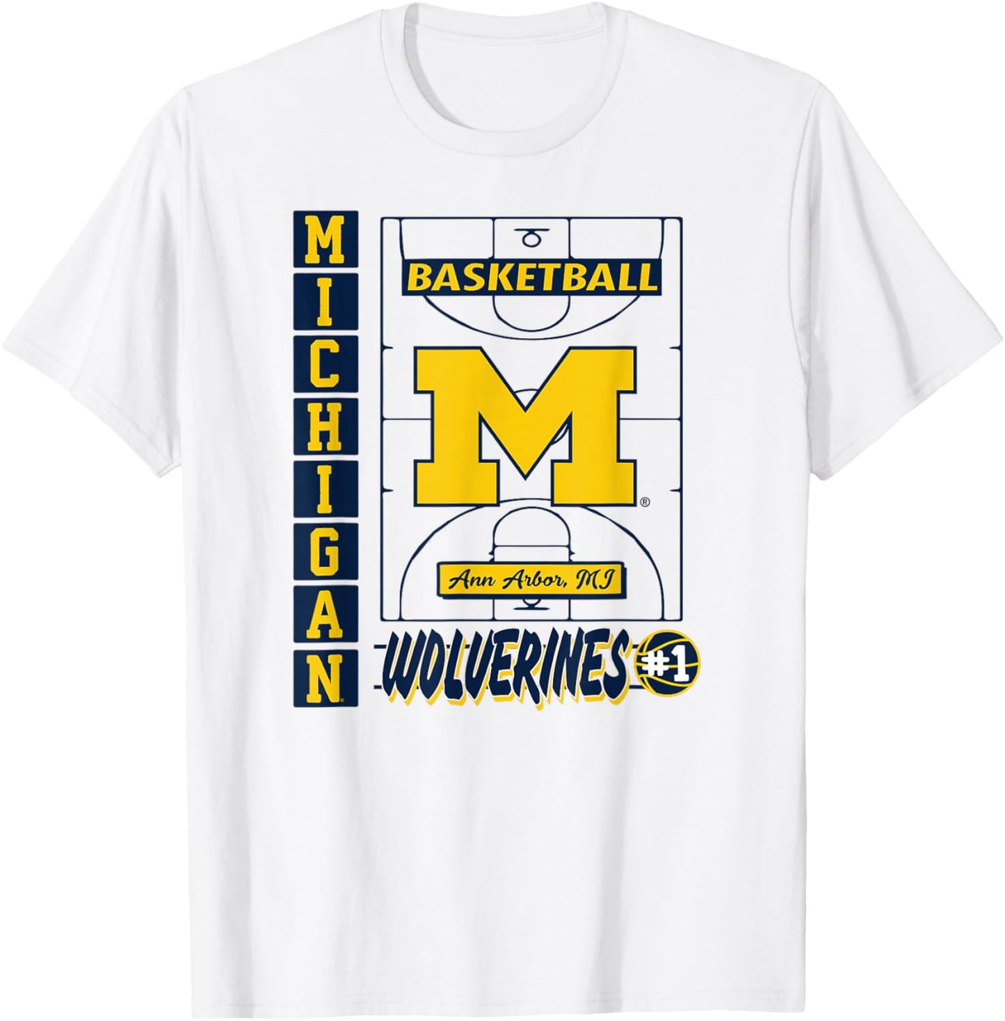Michigan Wolverines Basketball Vintage Court Gray T-Shirt - T-Shirt | White