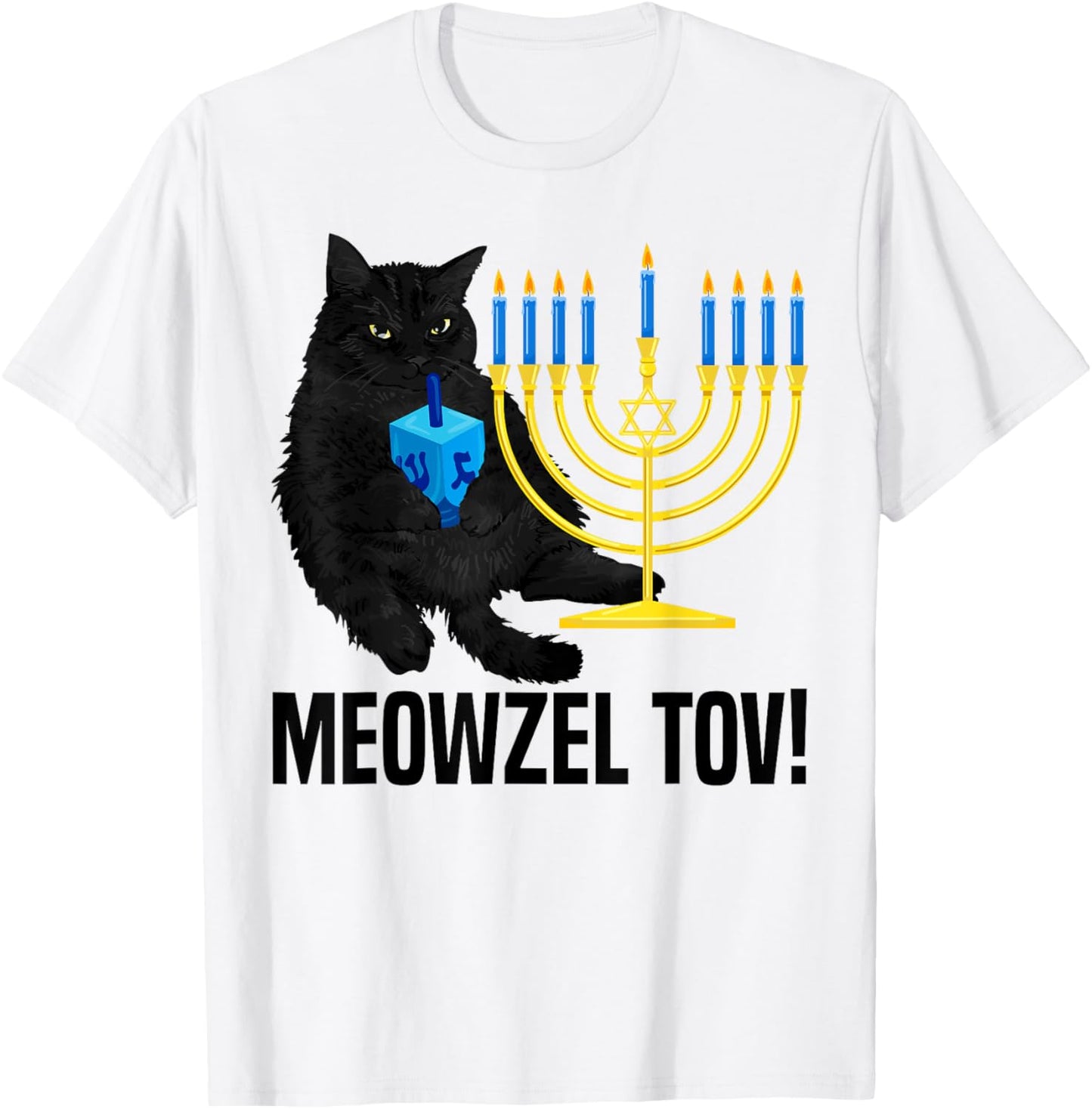 Meowzel Tov Black Cat Menorah Dreidel Hanukkah Chanukah PJS T-Shirt - T-Shirt | White