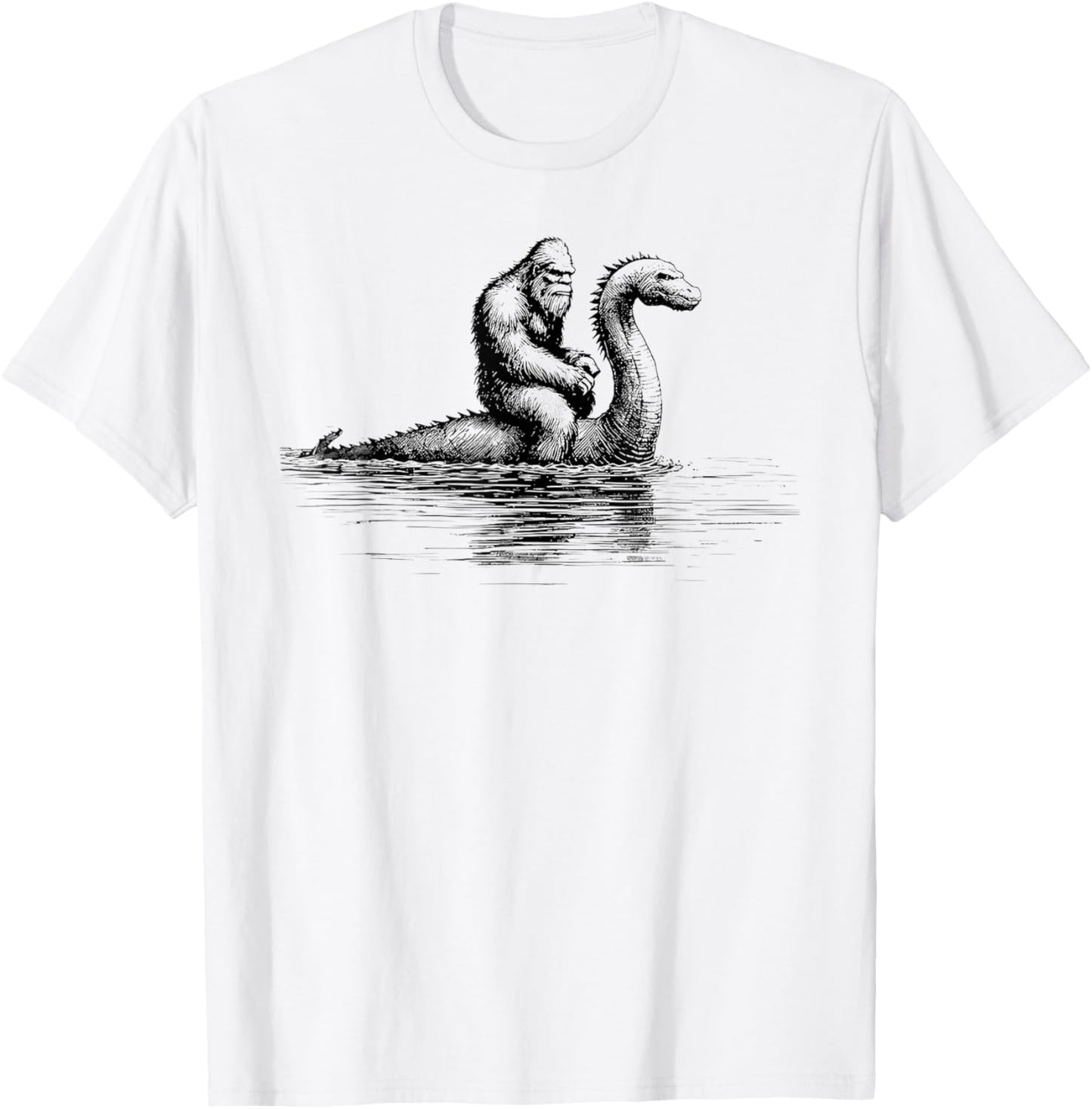 Funny Bigfoot Sasquatch Riding Loch Ness Monster Cryptid T-Shirt - T-Shirt | White