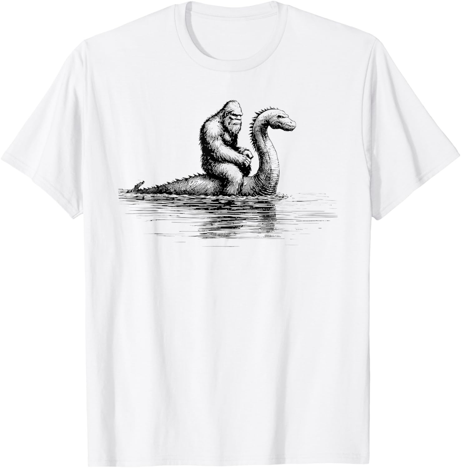 Funny Bigfoot Sasquatch Riding Loch Ness Monster Cryptid T-Shirt - T-Shirt | White