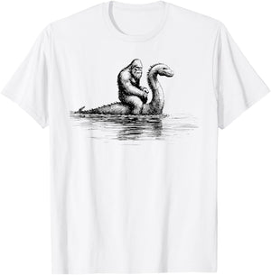 Funny Bigfoot Sasquatch Riding Loch Ness Monster Cryptid T-Shirt - T-Shirt | White