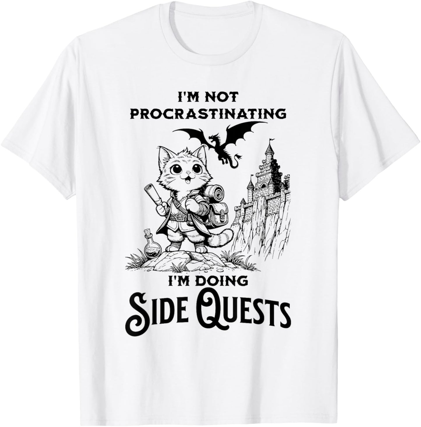 I'm Not Procrastinating I'm Doing Side Quests RPG Gamer Cat Men Women Kids T-Shirt - T-Shirt | White