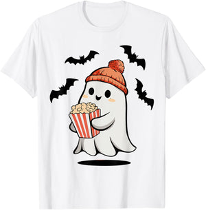 Funny Ghost Eating Pop Corn Lovers Spooky Halloween T-Shirt - T-Shirt | White
