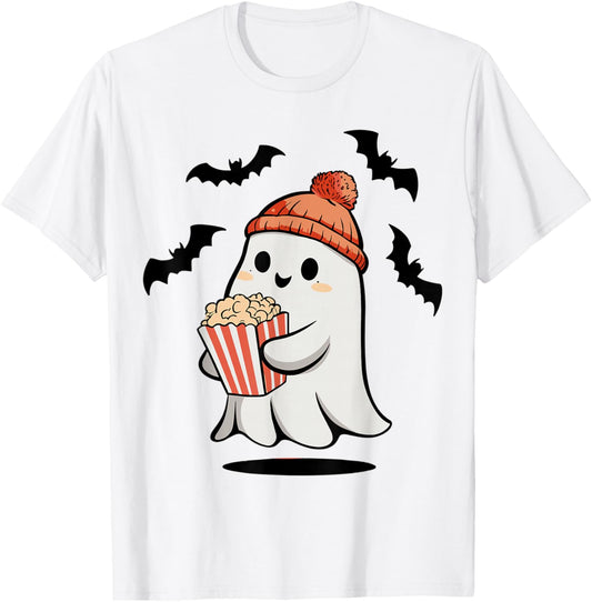 Funny Ghost Eating Pop Corn Lovers Spooky Halloween T-Shirt - T-Shirt | White