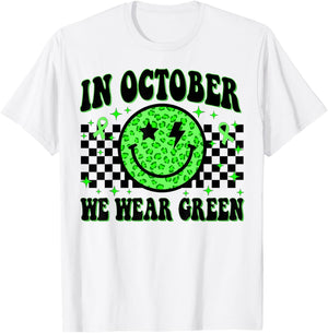 In October We Wear Green Ribon Smile Face Dwarfism Awareness T-Shirt - T-Shirt | White
