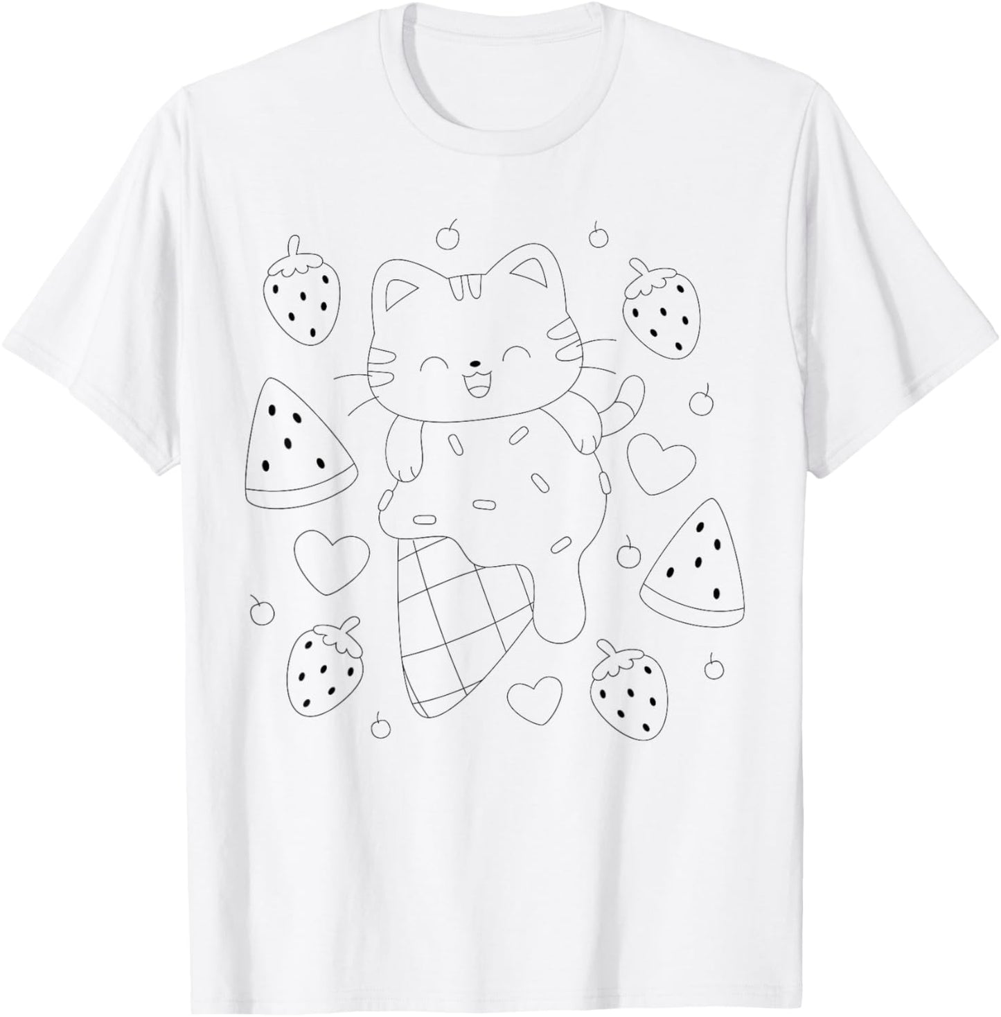 Cat with ice cream and strawberry to paint and color T-Shirt - T-Shirt | White
