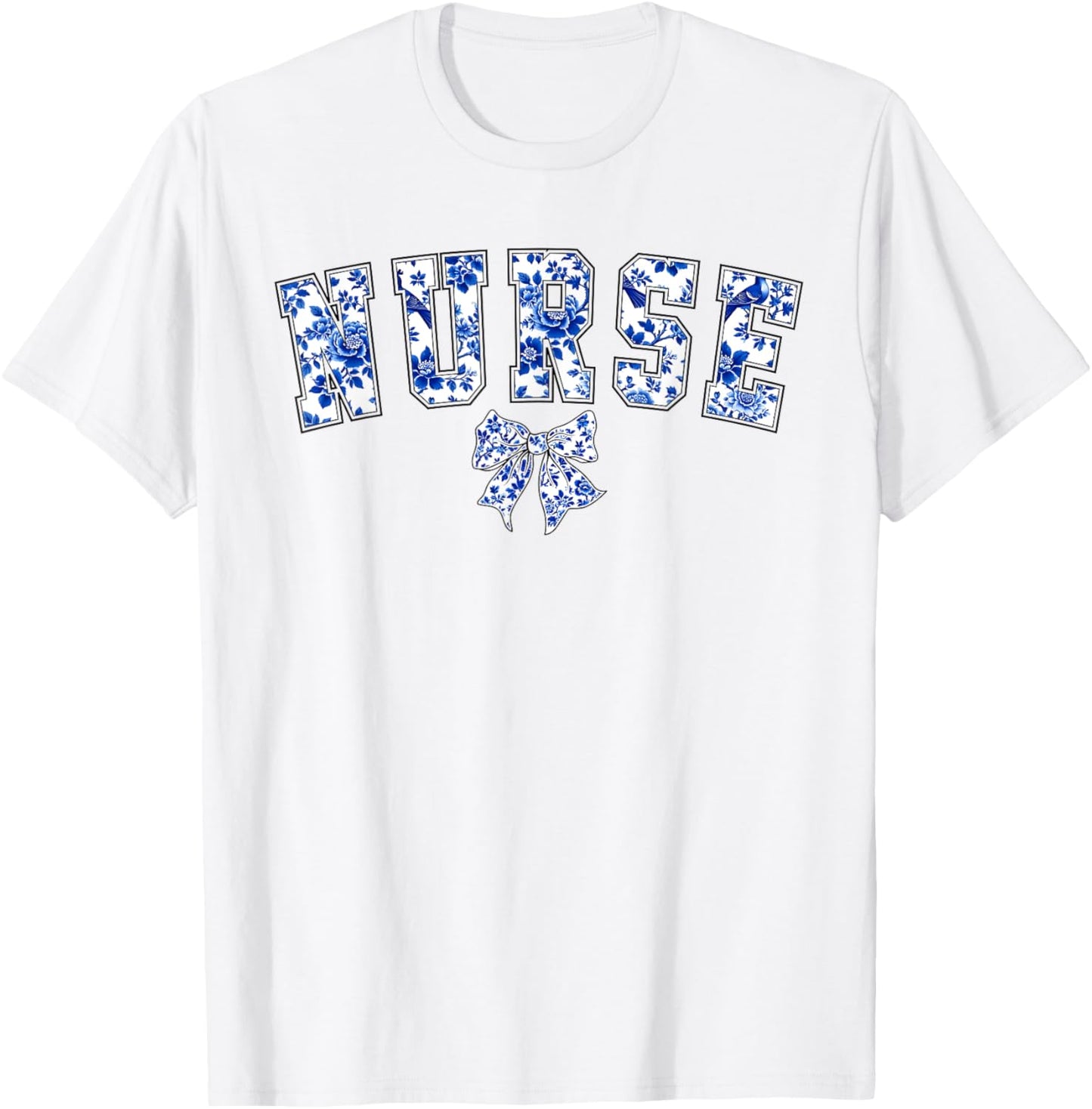Toile Nurse Bow Blue Coquette Floral Chinoiserie Nursing T-Shirt - T-Shirt | White